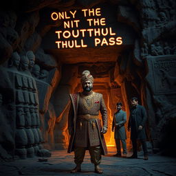 A mysterious cave entrance covered with intricate ancient carvings and glowing inscriptions that read, 'Only the truthful shall pass