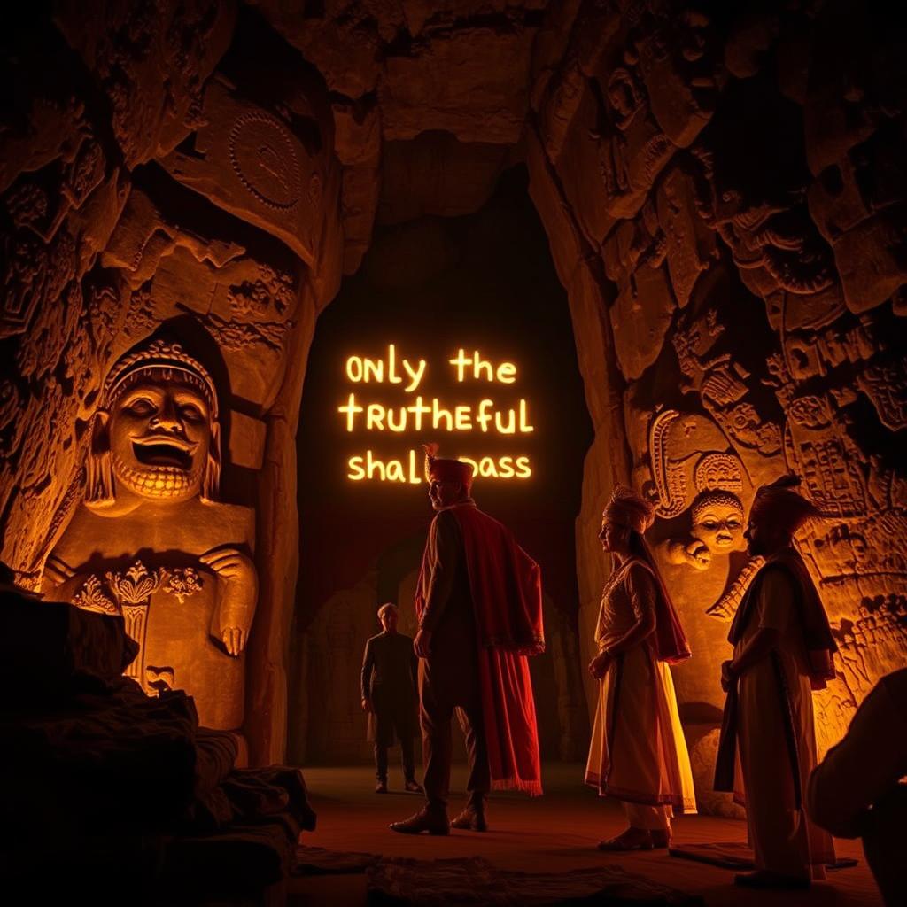 A mysterious cave entrance illuminated by faint golden light, intricately covered with ancient carvings and glowing inscriptions that read, 'Only the truthful shall pass