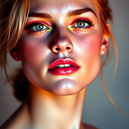 A stunning portrait of a person with dramatic facial expressions, featuring vibrant color shades inspired by the right image