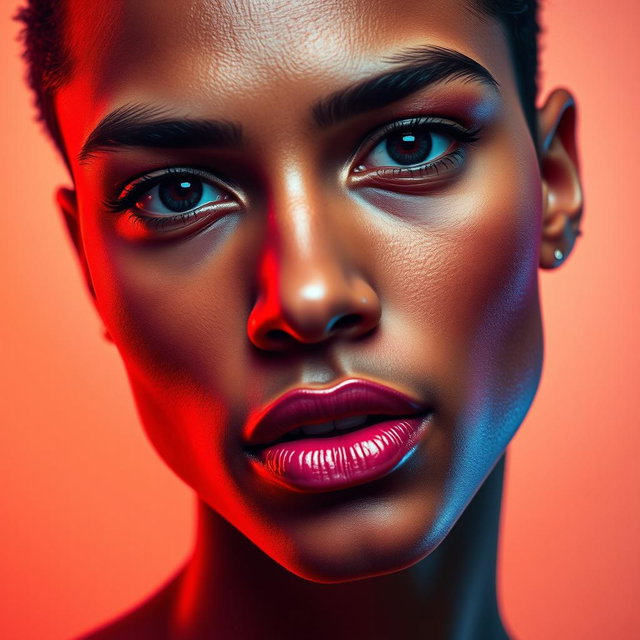 A stunning portrait of a person with dramatic facial expressions, featuring vibrant color shades inspired by the right image