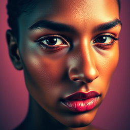 A stunning portrait of a person with dramatic facial expressions, featuring vibrant color shades inspired by the right image