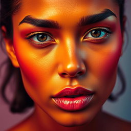 A stunning portrait of a person with dramatic facial expressions, featuring vibrant color shades inspired by the right image