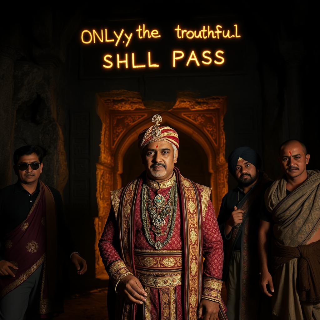A mysterious cave entrance draped in ancient carvings and glowing inscriptions that read, 'Only the truthful shall pass
