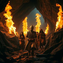 Inside a mystical cave, Maharaja Vikram Singh, wearing luxurious royal attire adorned with intricate designs, leads the way with a look of determination