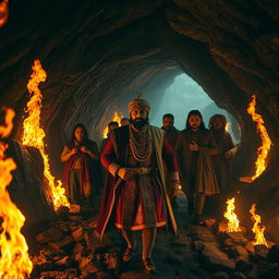 Inside a mystical cave, Maharaja Vikram Singh, wearing luxurious royal attire adorned with intricate designs, leads the way with a look of determination