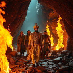 Inside a mystical cave, Maharaja Vikram Singh, wearing luxurious royal attire adorned with intricate designs, leads the way with a look of determination