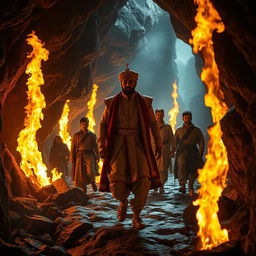 Inside a mystical cave, Maharaja Vikram Singh, wearing luxurious royal attire adorned with intricate designs, leads the way with a look of determination