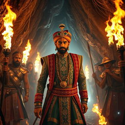 Inside a mystical cave, Maharaja Vikram Singh, dressed in traditional royal attire with intricate patterns and vibrant colors, leads the way bravely