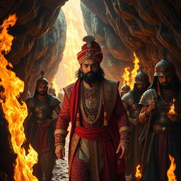 Inside a mystical cave, Maharaja Vikram Singh, dressed in traditional royal attire with intricate patterns and vibrant colors, leads the way bravely