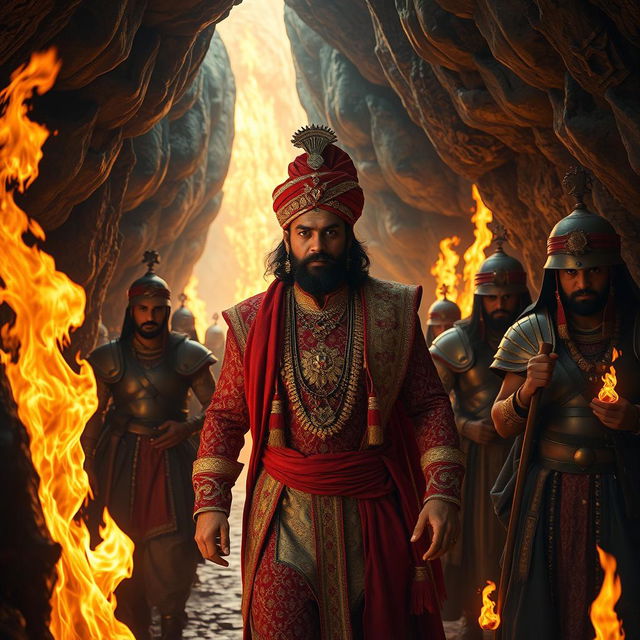 Inside a mystical cave, Maharaja Vikram Singh, dressed in traditional royal attire with intricate patterns and vibrant colors, leads the way bravely