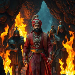 Inside a mystical cave, Maharaja Vikram Singh, dressed in traditional royal attire with intricate patterns and vibrant colors, leads the way bravely