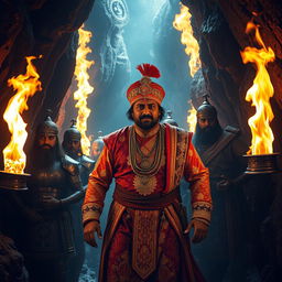 Inside a mystical cave, Maharaja Vikram Singh, dressed in traditional royal attire with intricate patterns and vibrant colors, leads the way bravely