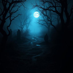 A dark, eerie pathway surrounded by twisted trees and haunting fog
