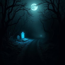 A dark, eerie pathway surrounded by twisted trees and haunting fog