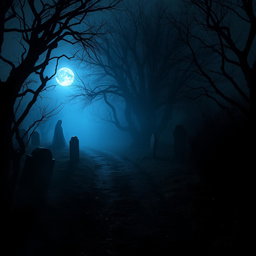 A dark, eerie pathway surrounded by twisted trees and haunting fog