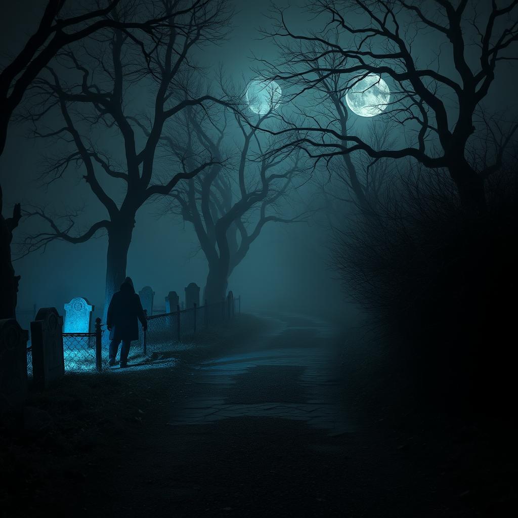 A dark, eerie pathway surrounded by twisted trees and haunting fog