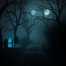 A dark, eerie pathway surrounded by twisted trees and haunting fog
