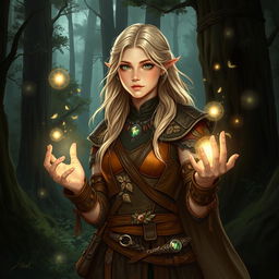 A fantasy art style young female blonde human druid, dressed in intricately designed leather armor that blends seamlessly with the dark forest
