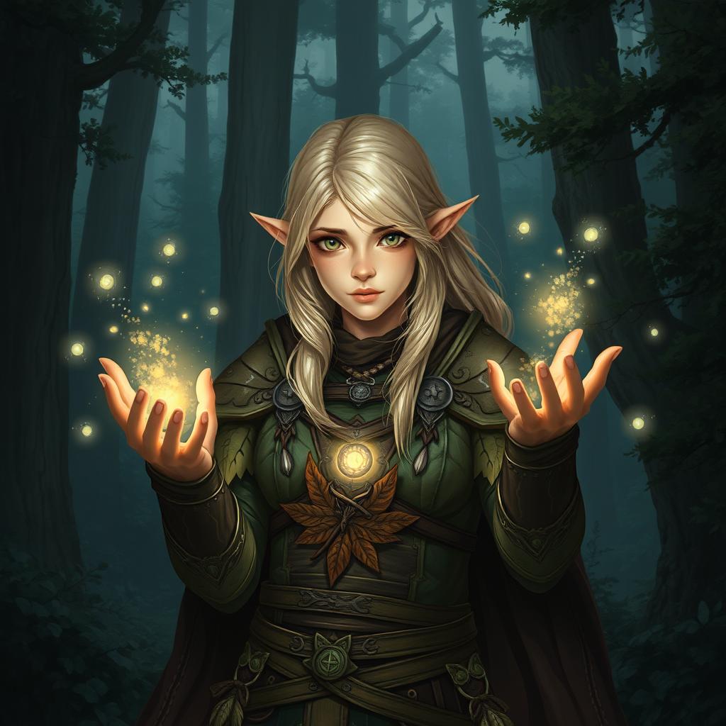 A fantasy art style young female blonde human druid, dressed in intricately designed leather armor that blends seamlessly with the dark forest