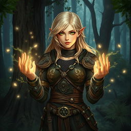 A fantasy art style young female blonde human druid, dressed in intricately designed leather armor that blends seamlessly with the dark forest