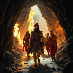 Inside a mystical cave, Maharaja Vikram Singh, dressed in regal attire with intricate patterns and vibrant colors, leads a group of his companions along a narrow path