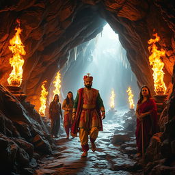 Inside a mystical cave, Maharaja Vikram Singh, dressed in regal attire with intricate patterns and vibrant colors, leads a group of his companions along a narrow path