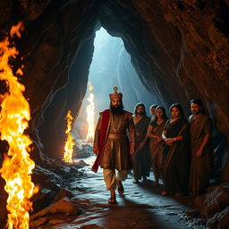 Inside a mystical cave, Maharaja Vikram Singh, dressed in regal attire with intricate patterns and vibrant colors, leads a group of his companions along a narrow path