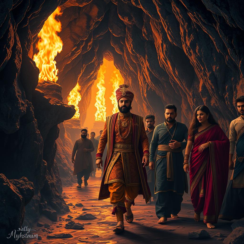 Inside a mystical cave, Maharaja Vikram Singh, dressed in regal attire with intricate patterns and vibrant colors, leads a group of his companions along a narrow path