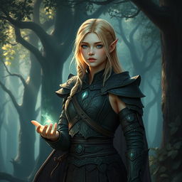 A fantasy art style young female blonde human druid, with no pointed ears, dressed in intricately designed leather armor that blends seamlessly with the dark forest