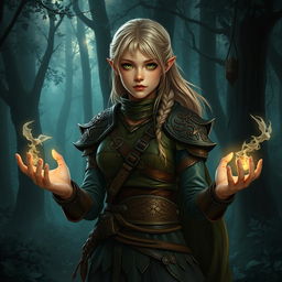 A fantasy art style young female blonde human druid, with no pointed ears, dressed in intricately designed leather armor that blends seamlessly with the dark forest