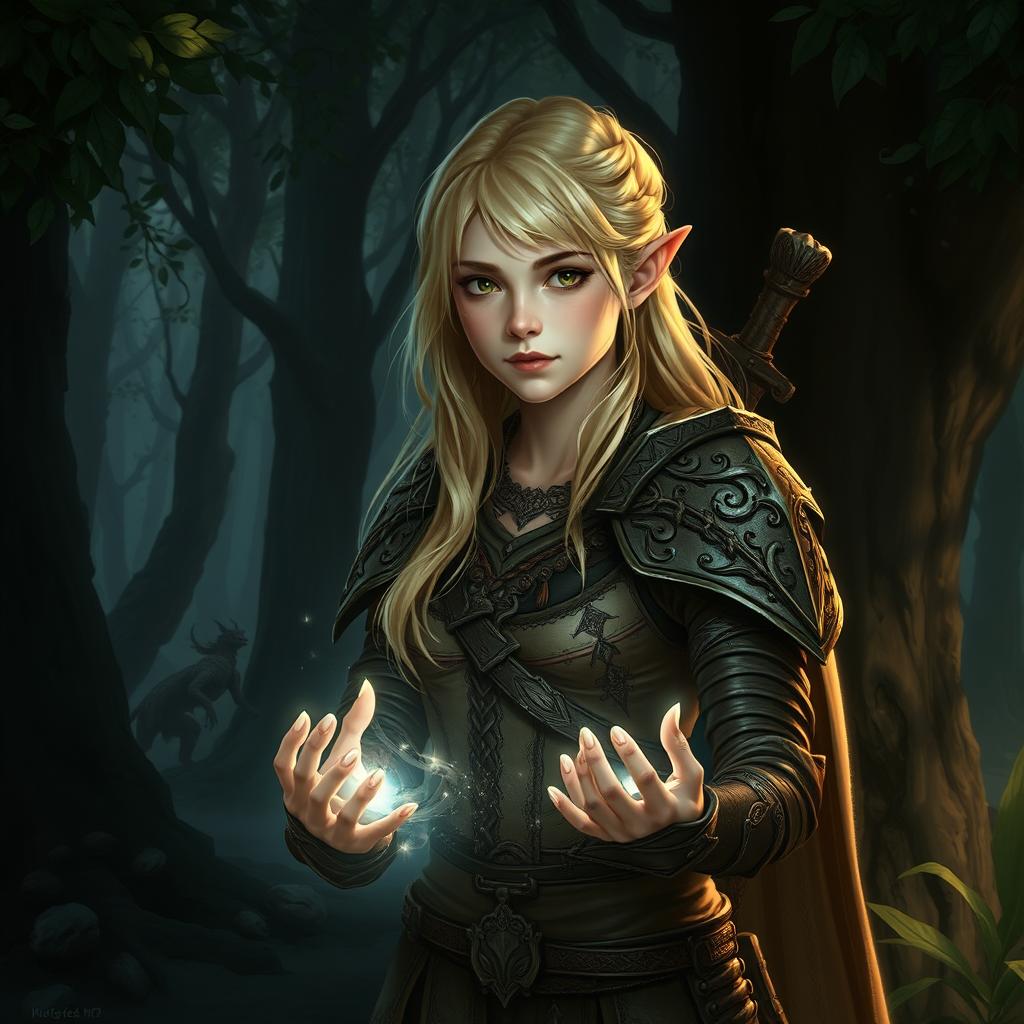 A fantasy art style young female blonde human druid, with no pointed ears, dressed in intricately designed leather armor that blends seamlessly with the dark forest