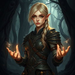 A fantasy art style young female blonde human druid, with no pointed ears, dressed in intricately designed leather armor that blends seamlessly with the dark forest