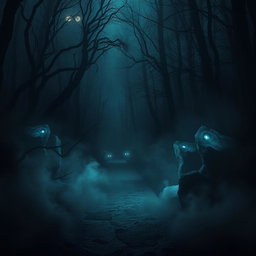 A dark and eerie pathway in a dense forest, shrouded in mist and shadows