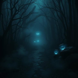 A dark and eerie pathway in a dense forest, shrouded in mist and shadows