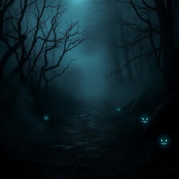 A dark and eerie pathway in a dense forest, shrouded in mist and shadows