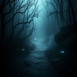 A dark and eerie pathway in a dense forest, shrouded in mist and shadows