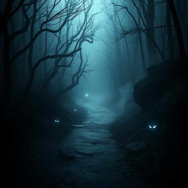 A dark and eerie pathway in a dense forest, shrouded in mist and shadows