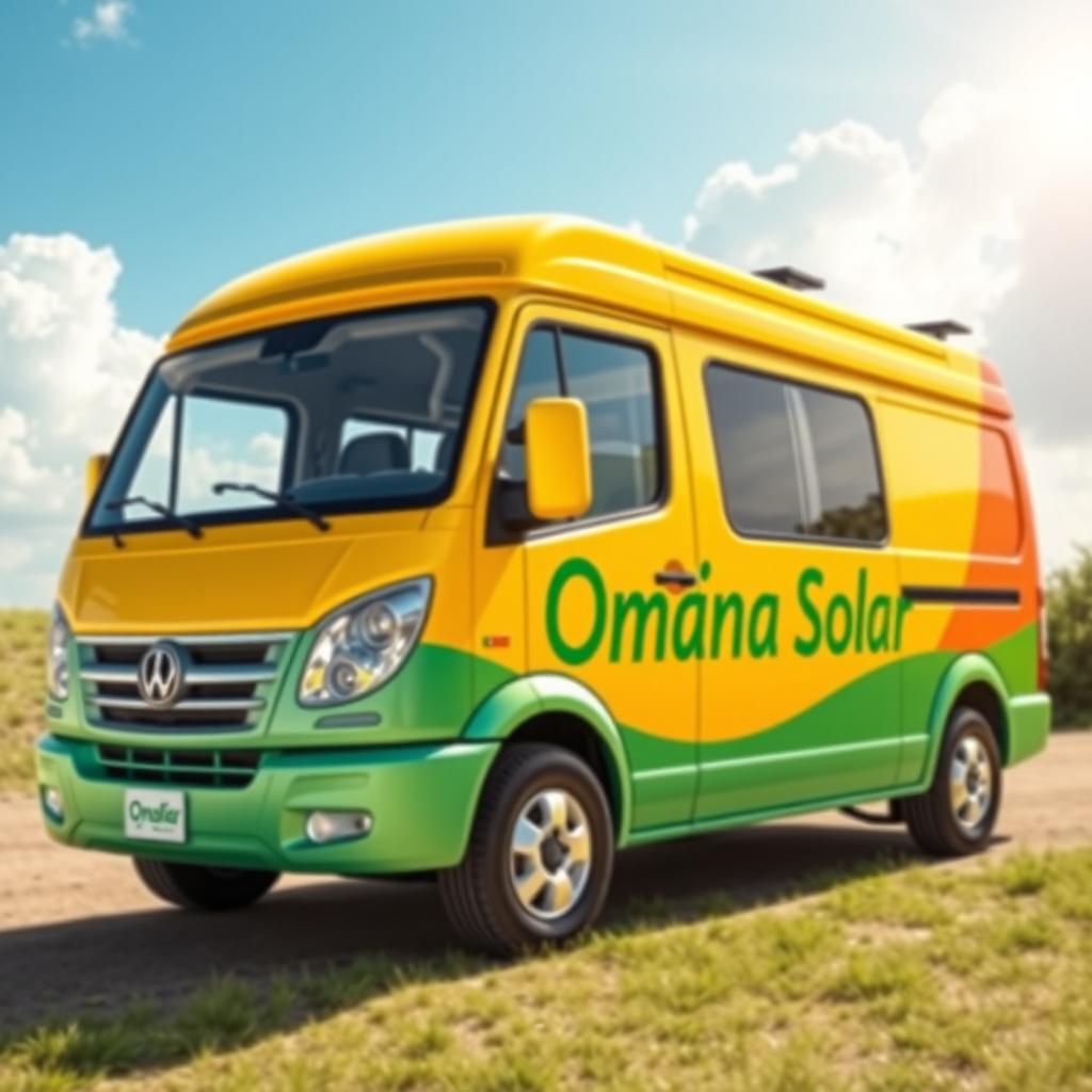 A vibrant and stylish van featuring the inscription 'Omaña Solar' prominently displayed on the side