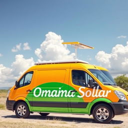 A vibrant and stylish van featuring the inscription 'Omaña Solar' prominently displayed on the side