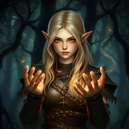A fantasy art style young female blonde human with rounded ears, depicted as a druid, dressed in intricately designed leather armor that blends seamlessly with the dark forest
