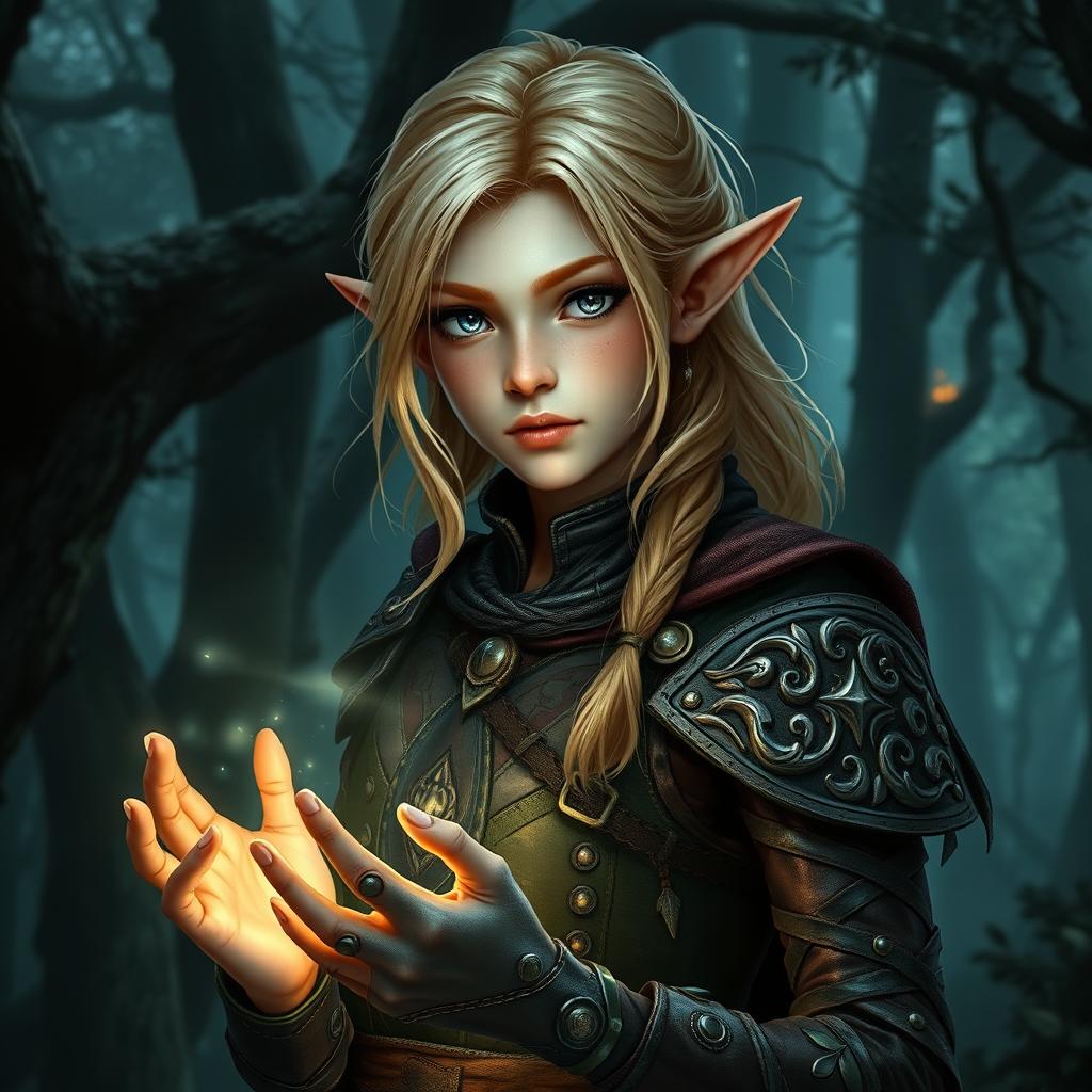 A fantasy art style young female blonde human with rounded ears, depicted as a druid, dressed in intricately designed leather armor that blends seamlessly with the dark forest