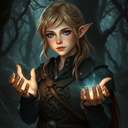 A fantasy art style young female blonde human with rounded ears, depicted as a druid, dressed in intricately designed leather armor that blends seamlessly with the dark forest