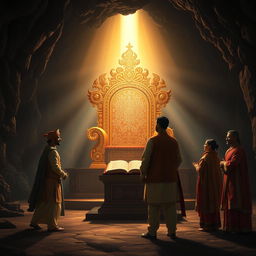 An ornate golden throne illuminated by a divine light in the middle of a dark cave