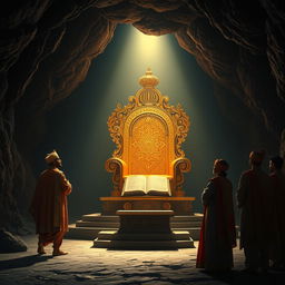 An ornate golden throne illuminated by a divine light in the middle of a dark cave