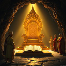 An ornate golden throne illuminated by a divine light in the middle of a dark cave