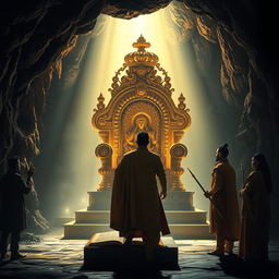 An ornate golden throne illuminated by a divine light in the middle of a dark cave