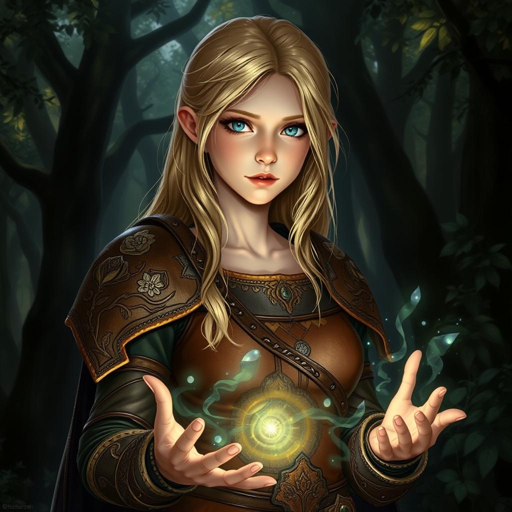 A fantasy art style young female blonde human with normal ears, depicted as a druid, dressed in intricately designed leather armor that blends seamlessly with the dark forest