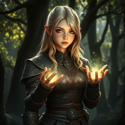 A fantasy art style young female blonde human with normal ears, depicted as a druid, dressed in intricately designed leather armor that blends seamlessly with the dark forest