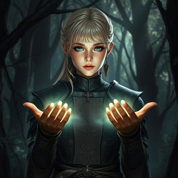 A fantasy art style young female blonde human with normal ears, depicted as a druid, dressed in intricately designed leather armor that blends seamlessly with the dark forest