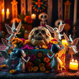 A heartfelt scene depicting the Day of the Dead celebration in Ecuador, with a beautifully crafted guagua de pan (bread figurine) placed on a colorful altar adorned with marigolds and traditional offerings